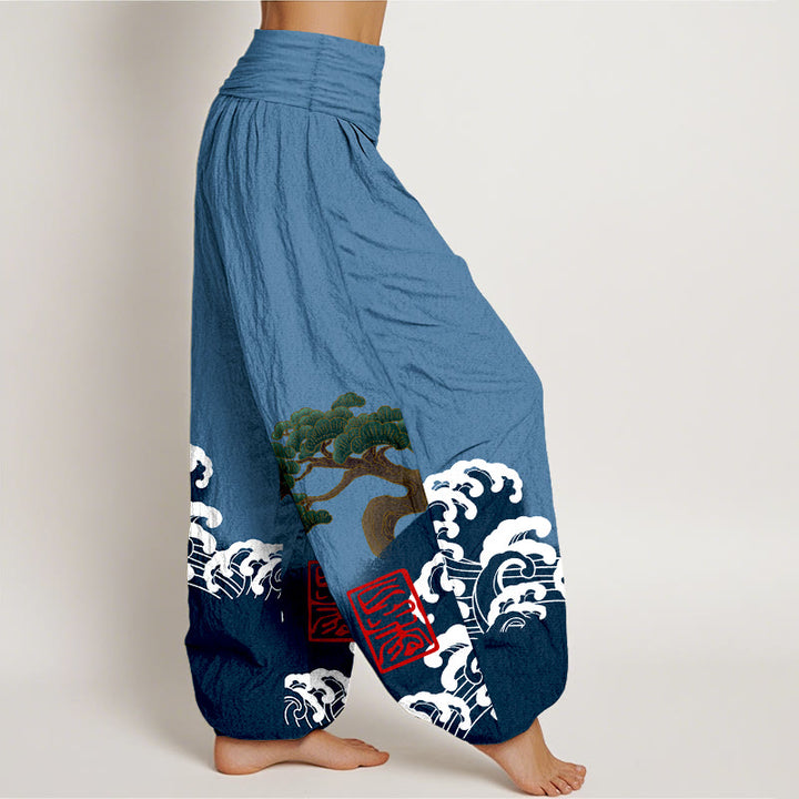 Pantalon sarouel taille élastique pour femme, imprimé Buddha Stones, pur coton, motif pin et vagues roulantes - image 6