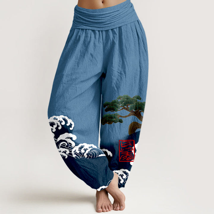 Pantalon sarouel taille élastique pour femme, imprimé Buddha Stones, pur coton, motif pin et vagues roulantes - SteelBlue - US16，UK/AU20，EU48 (3XL) - image 5