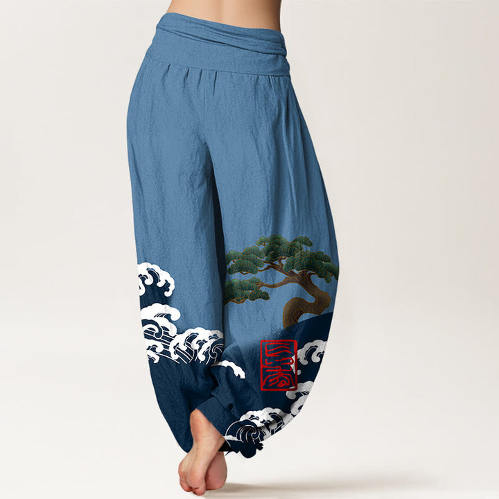 Pantalon sarouel taille élastique pour femme, imprimé Buddha Stones, pur coton, motif pin et vagues roulantes - image 7