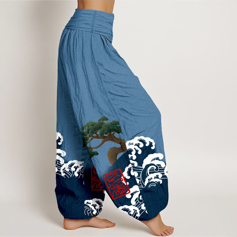 Pantalon sarouel taille élastique pour femme, imprimé Buddha Stones, pur coton, motif pin et vagues roulantes - image 6