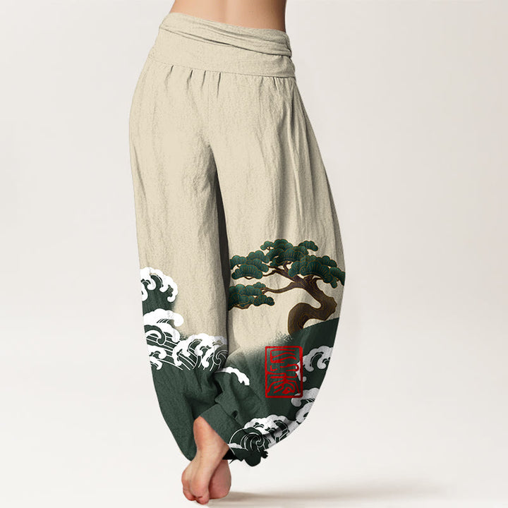 Pantalon sarouel taille élastique pour femme, imprimé Buddha Stones, pur coton, motif pin et vagues roulantes - image 10