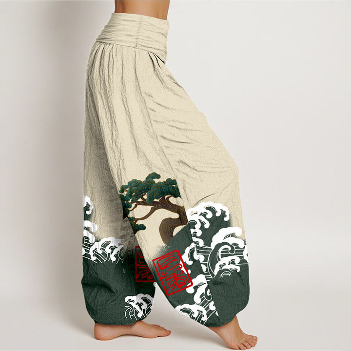 Pantalon sarouel taille élastique pour femme, imprimé Buddha Stones, pur coton, motif pin et vagues roulantes - image 9