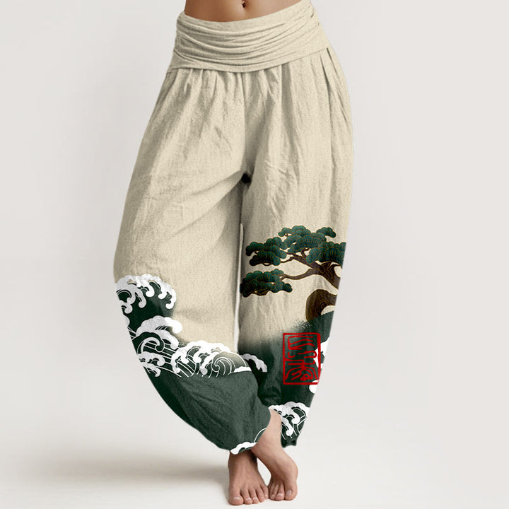 Pantalon sarouel taille élastique pour femme, imprimé Buddha Stones, pur coton, motif pin et vagues roulantes - Beige - US16，UK/AU20，EU48 (3XL) - image 8