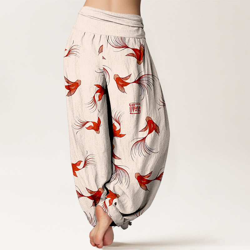 Pantalon sarouel à taille élastique pour femme, en pur coton, imprimé Buddha Stones , motif poisson koï - image 2