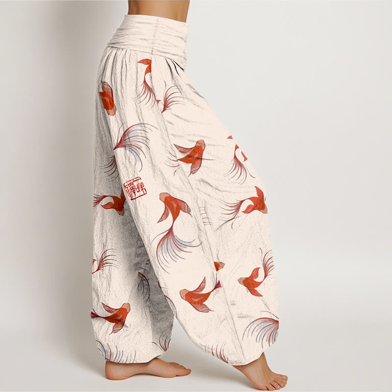 Pantalon sarouel à taille élastique pour femme, en pur coton, imprimé Buddha Stones , motif poisson koï - image 1