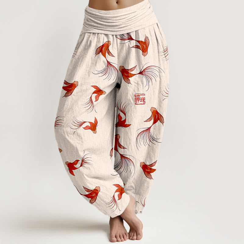 Pantalon sarouel à taille élastique pour femme, en pur coton, imprimé Buddha Stones , motif poisson koï - PapayaWhip - US16，UK/AU20，EU48 (3XL) - image 0