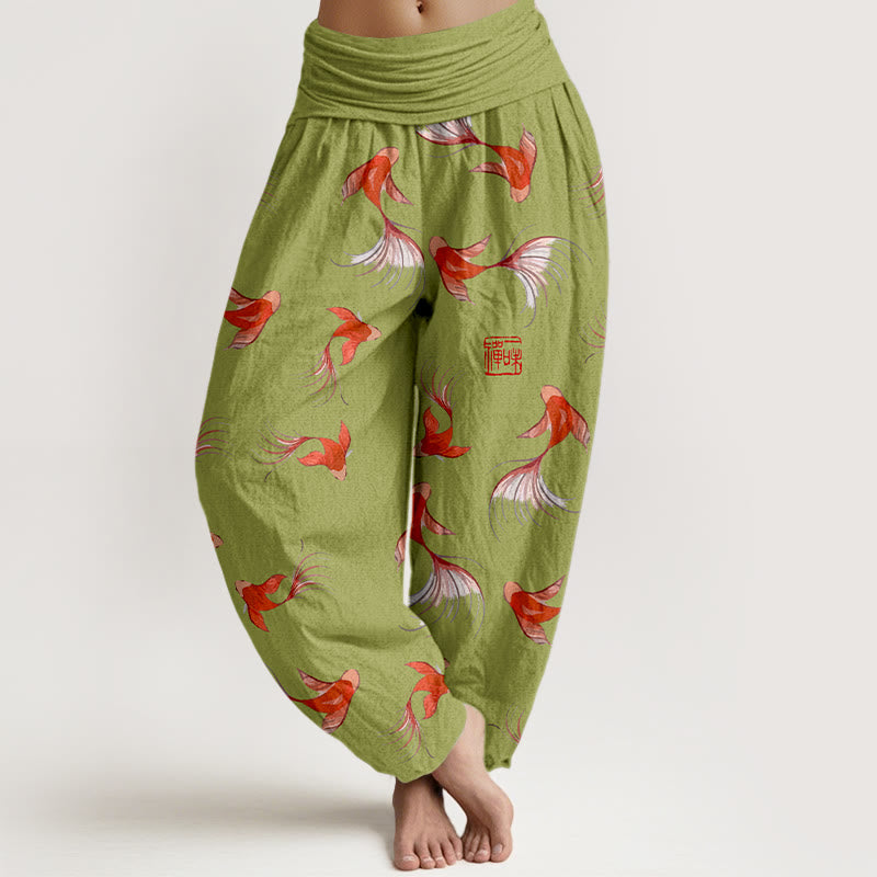 Pantalon sarouel à taille élastique pour femme, en pur coton, imprimé Buddha Stones , motif poisson koï - JauneVert - US16，UK/AU20，EU48 (3XL) - image 5
