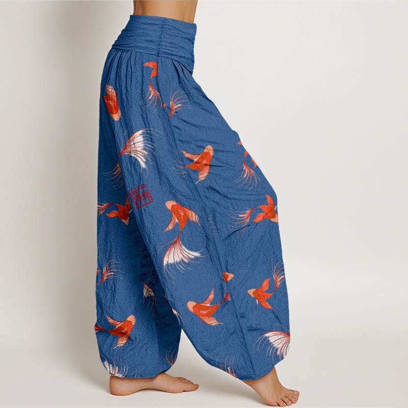 Pantalon sarouel à taille élastique pour femme, en pur coton, imprimé Buddha Stones , motif poisson koï - image 9
