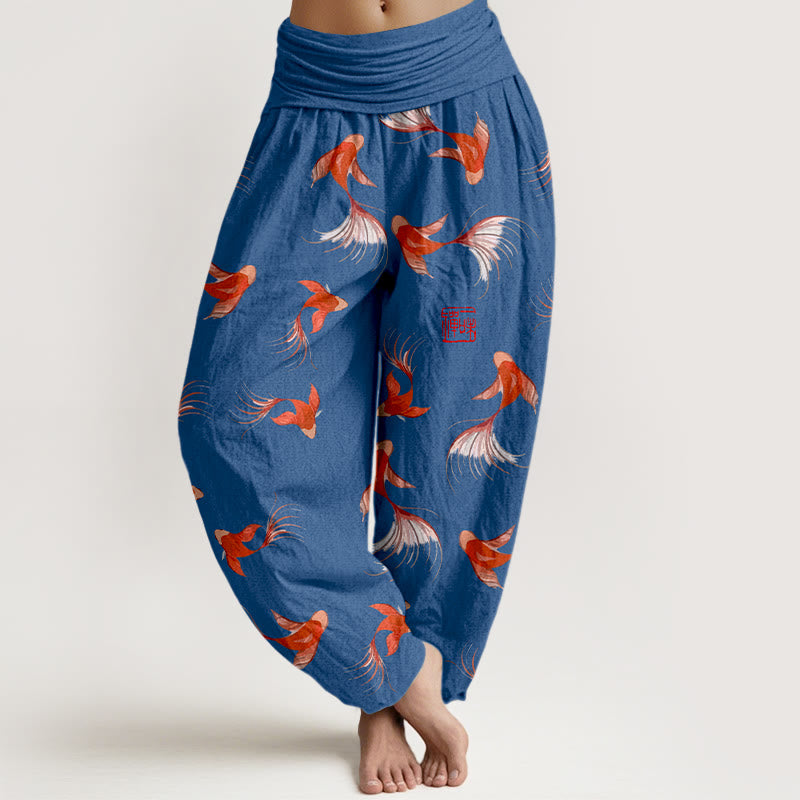 Pantalon sarouel à taille élastique pour femme, en pur coton, imprimé Buddha Stones , motif poisson koï - Bleu foncé - US16，UK/AU20，EU48 (3XL) - image 8