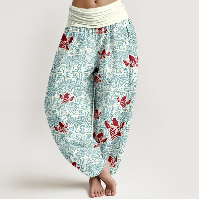 Pantalon sarouel en pur coton à taille élastique pour femme, imprimé Buddha Stones , motifs de vagues et de poissons koï - Cyan clair - US16，UK/AU20，EU48 (3XL) - image 0