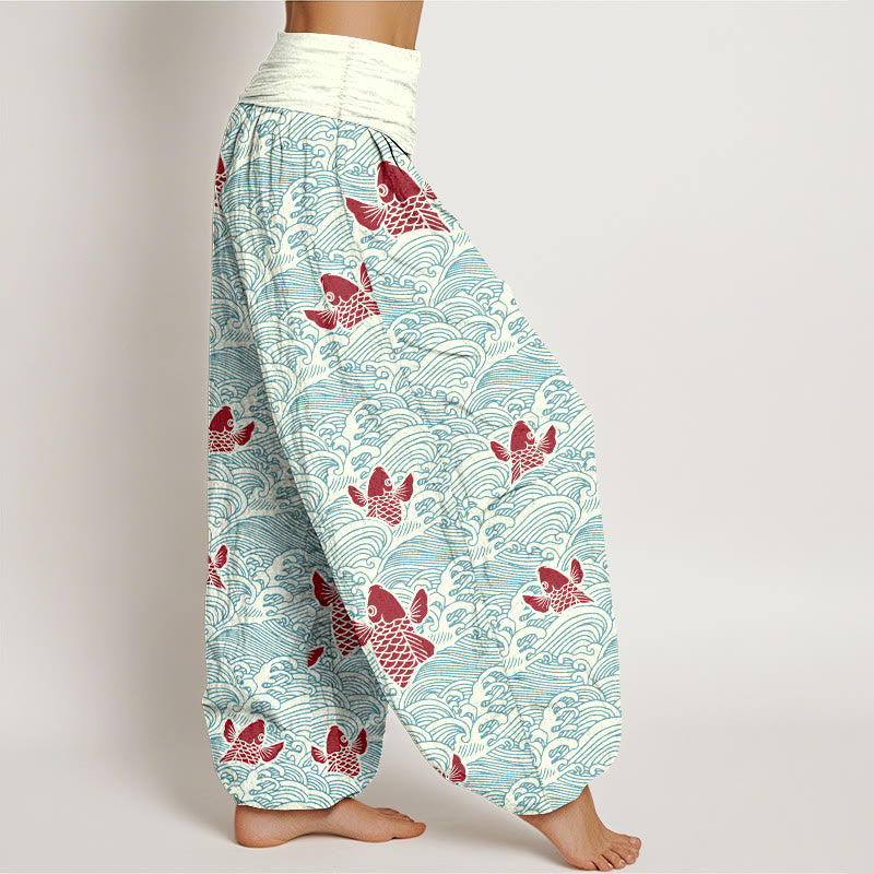 Pantalon sarouel en pur coton à taille élastique pour femme, imprimé Buddha Stones , motifs de vagues et de poissons koï - image 1