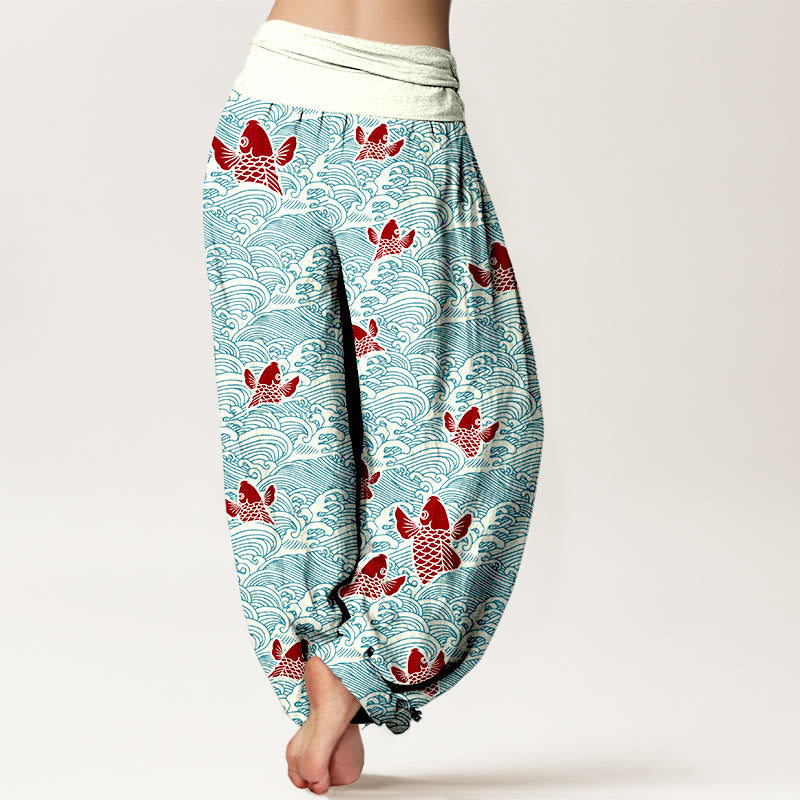 Pantalon sarouel en pur coton à taille élastique pour femme, imprimé Buddha Stones , motifs de vagues et de poissons koï - image 2