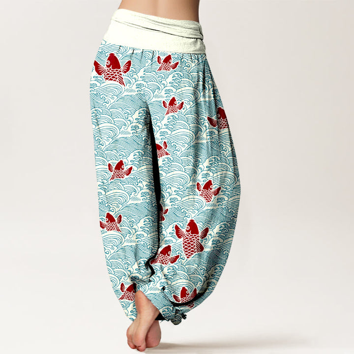 Pantalon sarouel en pur coton à taille élastique pour femme, imprimé Buddha Stones , motifs de vagues et de poissons koï - image 2