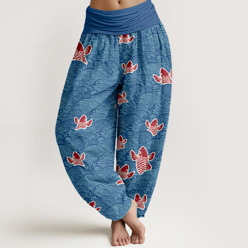 Pantalon sarouel en pur coton à taille élastique pour femme, imprimé Buddha Stones , motifs de vagues et de poissons koï - Bleu royal - US16，UK/AU20，EU48 (3XL) - image 5