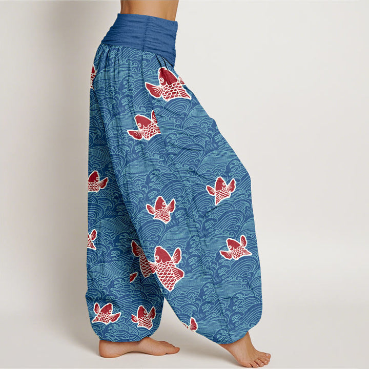 Pantalon sarouel en pur coton à taille élastique pour femme, imprimé Buddha Stones , motifs de vagues et de poissons koï - image 6