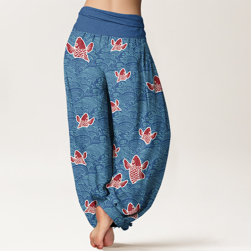 Pantalon sarouel en pur coton à taille élastique pour femme, imprimé Buddha Stones , motifs de vagues et de poissons koï - image 7