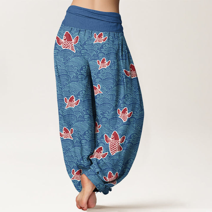 Pantalon sarouel en pur coton à taille élastique pour femme, imprimé Buddha Stones , motifs de vagues et de poissons koï - image 7