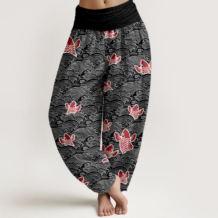 Pantalon sarouel en pur coton à taille élastique pour femme, imprimé Buddha Stones , motifs de vagues et de poissons koï - Noir - US16，UK/AU20，EU48 (3XL) - image 8