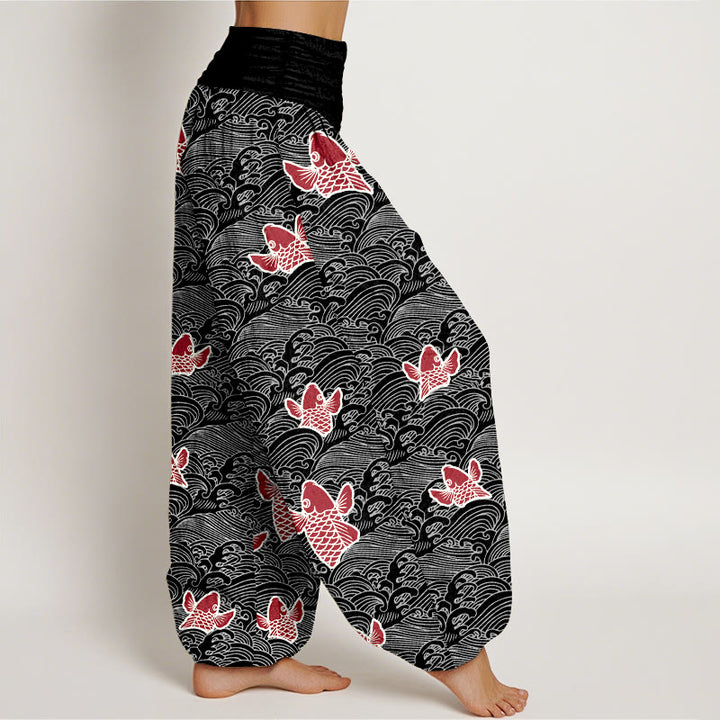 Pantalon sarouel en pur coton à taille élastique pour femme, imprimé Buddha Stones , motifs de vagues et de poissons koï - image 9