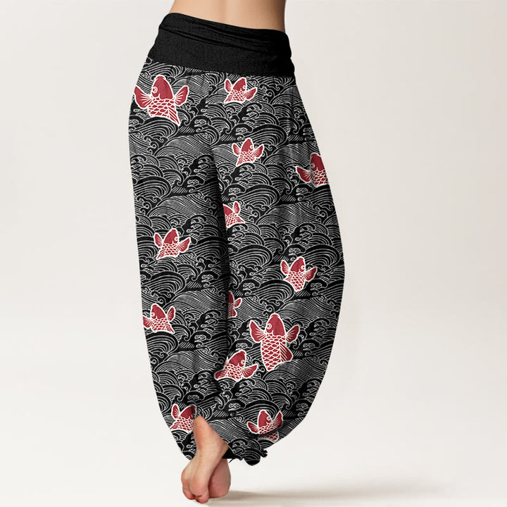 Pantalon sarouel en pur coton à taille élastique pour femme, imprimé Buddha Stones , motifs de vagues et de poissons koï - image 10