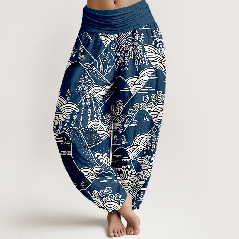 Pantalon sarouel en pur coton pour femme, imprimé Buddha Stones , montagnes, vagues, motif floral, taille élastique - Bleu nuit - US16，UK/AU20，EU48 (3XL) - image 0