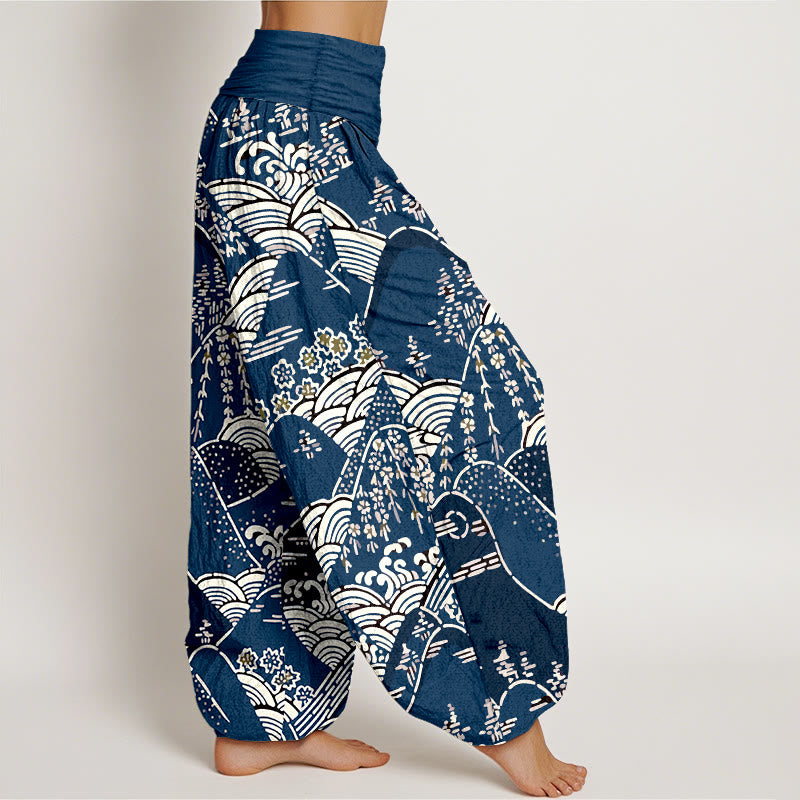 Pantalon sarouel en pur coton pour femme, imprimé Buddha Stones , montagnes, vagues, motif floral, taille élastique - image 1