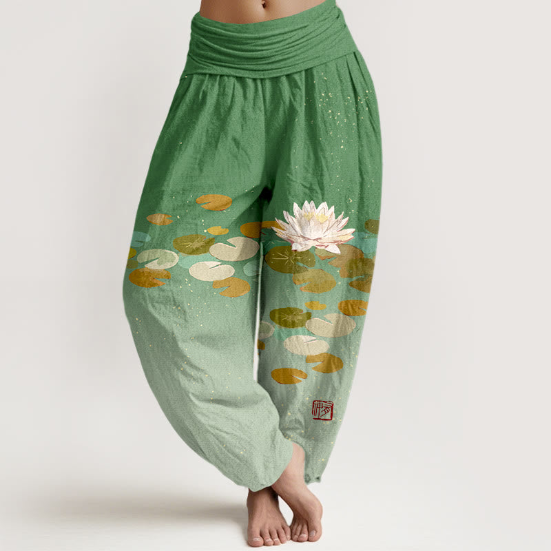 Pantalon sarouel en pur coton pour femme, taille élastique, imprimé Buddha Stones - Vert mer moyen - US16，UK/AU20，EU48 (3XL) - image 0