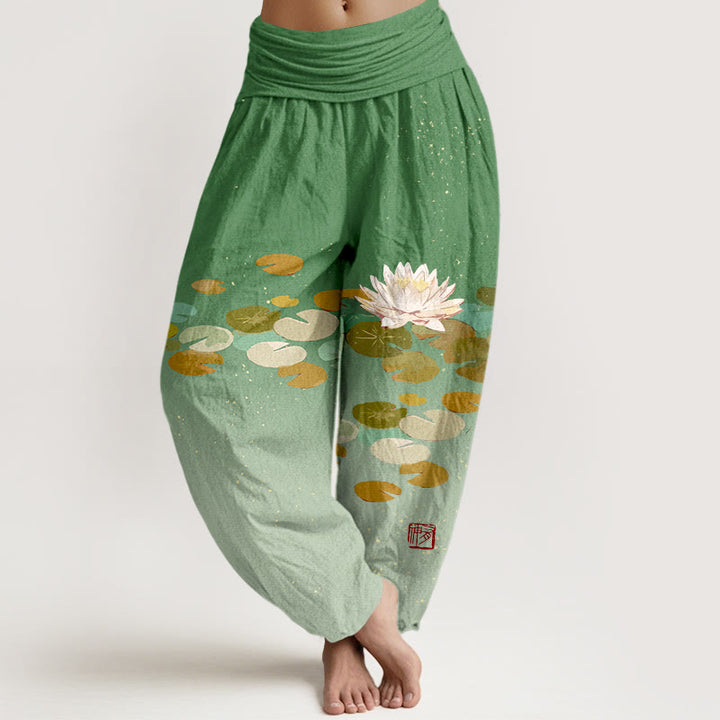 Pantalon sarouel en pur coton pour femme, taille élastique, imprimé Buddha Stones - Vert mer moyen - US16，UK/AU20，EU48 (3XL) - image 0