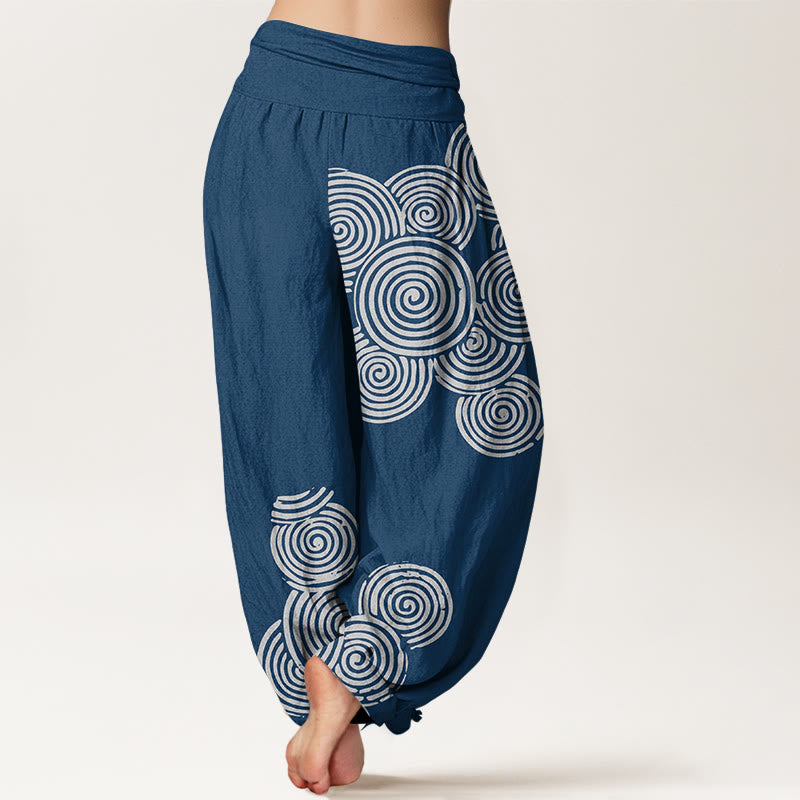 Pantalon sarouel en pur coton à taille élastique pour femme, imprimé Buddha Stones, motif spirale blanc - image 2