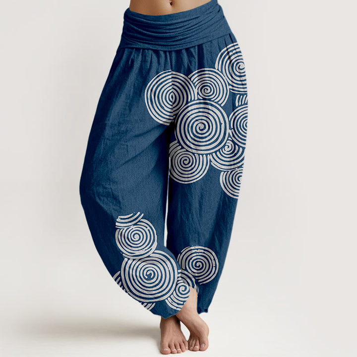 Pantalon sarouel en pur coton à taille élastique pour femme, imprimé Buddha Stones, motif spirale blanc - SteelBlue - US16，UK/AU20，EU48 (3XL) - image 0