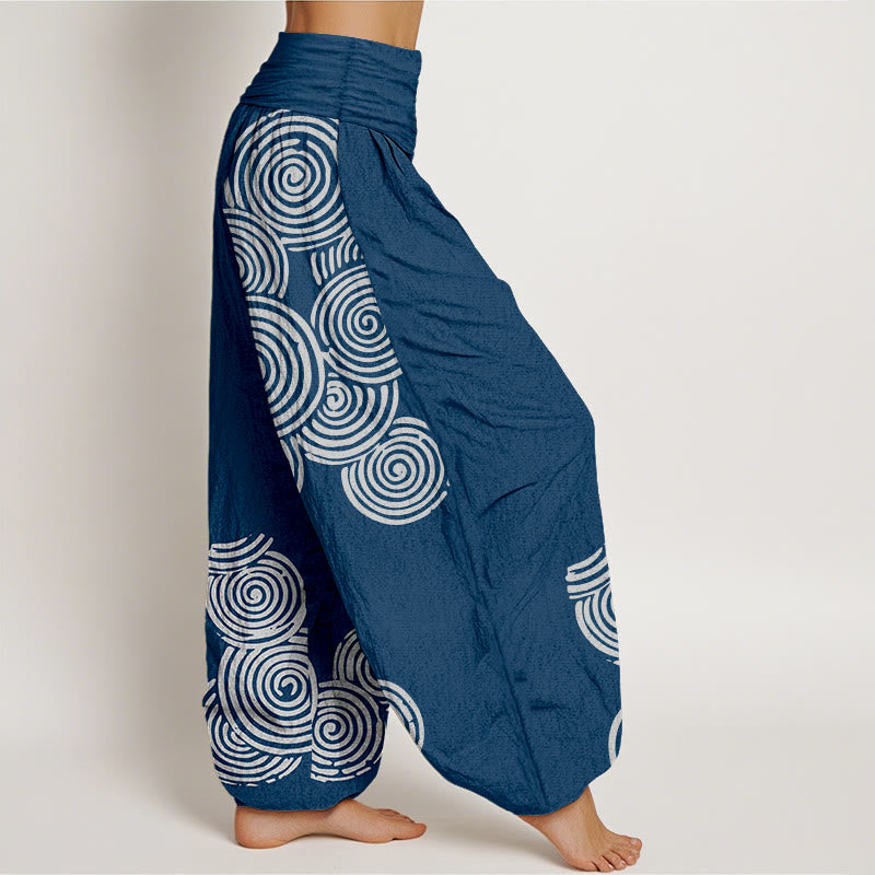 Pantalon sarouel en pur coton à taille élastique pour femme, imprimé Buddha Stones, motif spirale blanc - image 1