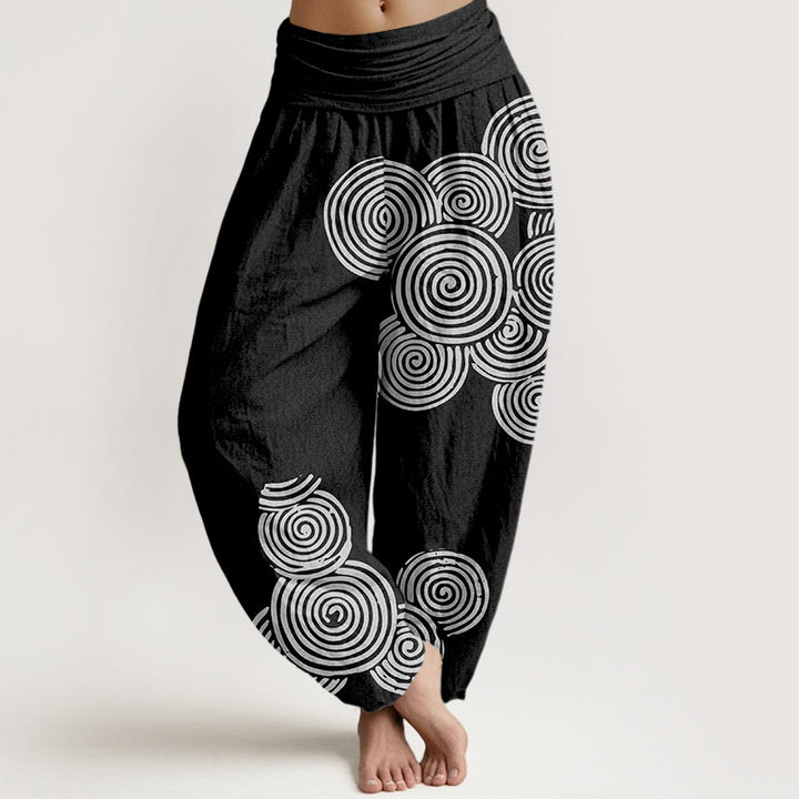 Pantalon sarouel en pur coton à taille élastique pour femme, imprimé Buddha Stones, motif spirale blanc - Noir - US16，UK/AU20，EU48 (3XL) - image 5