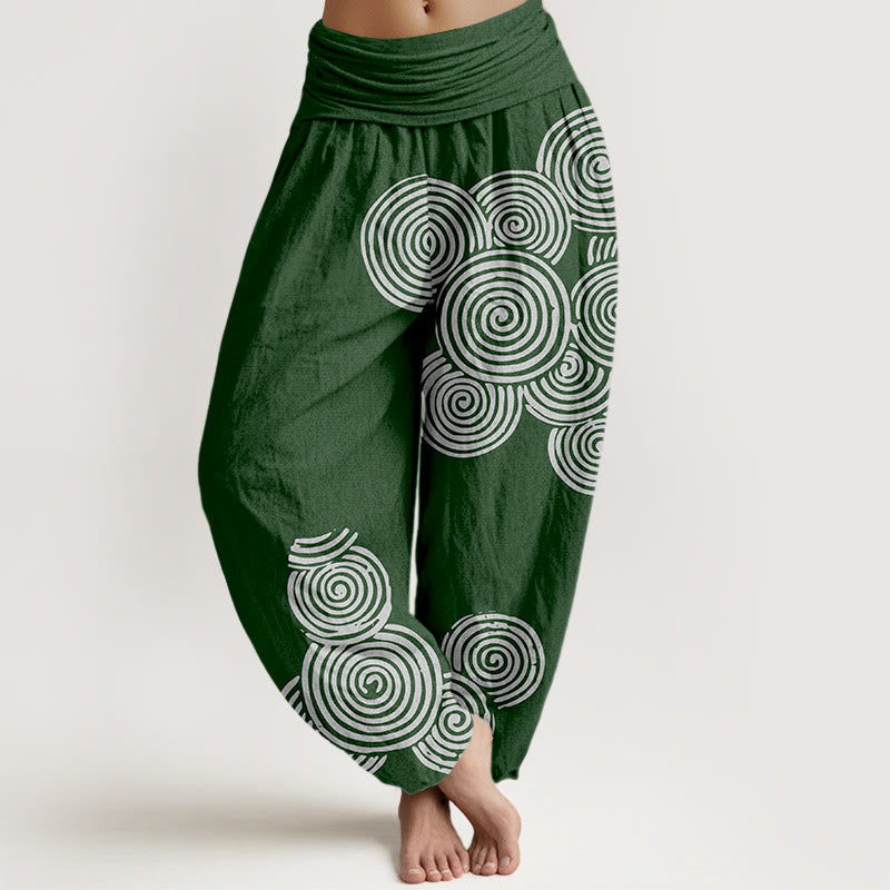 Pantalon sarouel en pur coton à taille élastique pour femme, imprimé Buddha Stones, motif spirale blanc - Vert foncé - US16，UK/AU20，EU48 (3XL) - image 8