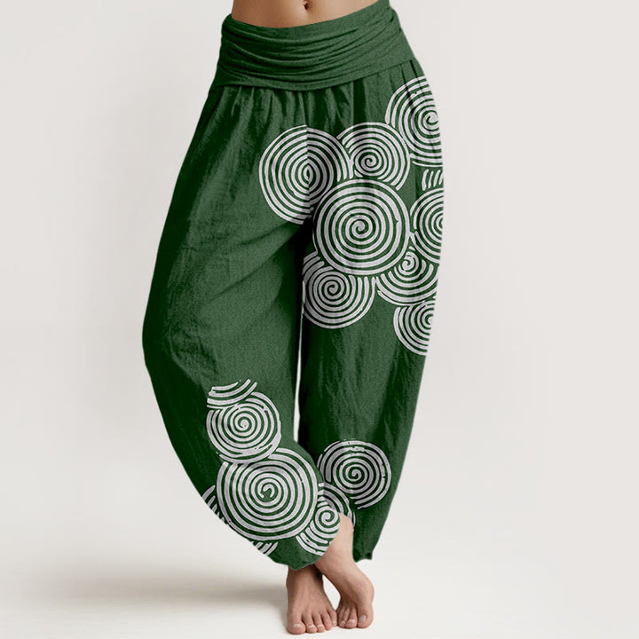 Pantalon sarouel en pur coton à taille élastique pour femme, imprimé Buddha Stones, motif spirale blanc - Vert foncé - US16，UK/AU20，EU48 (3XL) - image 8