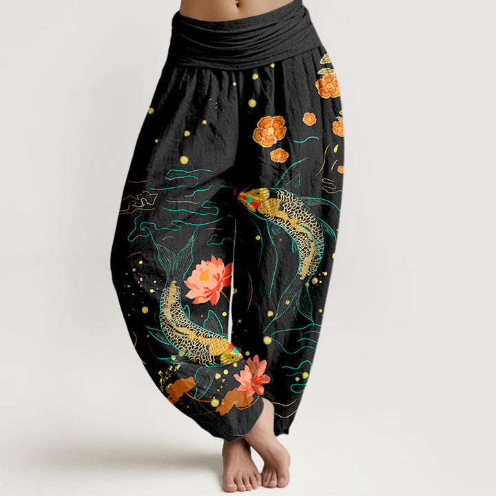 Pantalon sarouel en pur coton imprimé pour femme, taille élastique, motif lotus et poissons koï, Buddha Stones - Noir - US16，UK/AU20，EU48 (3XL) - image 0