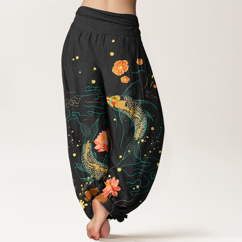 Pantalon sarouel en pur coton imprimé pour femme, taille élastique, motif lotus et poissons koï, Buddha Stones - image 2