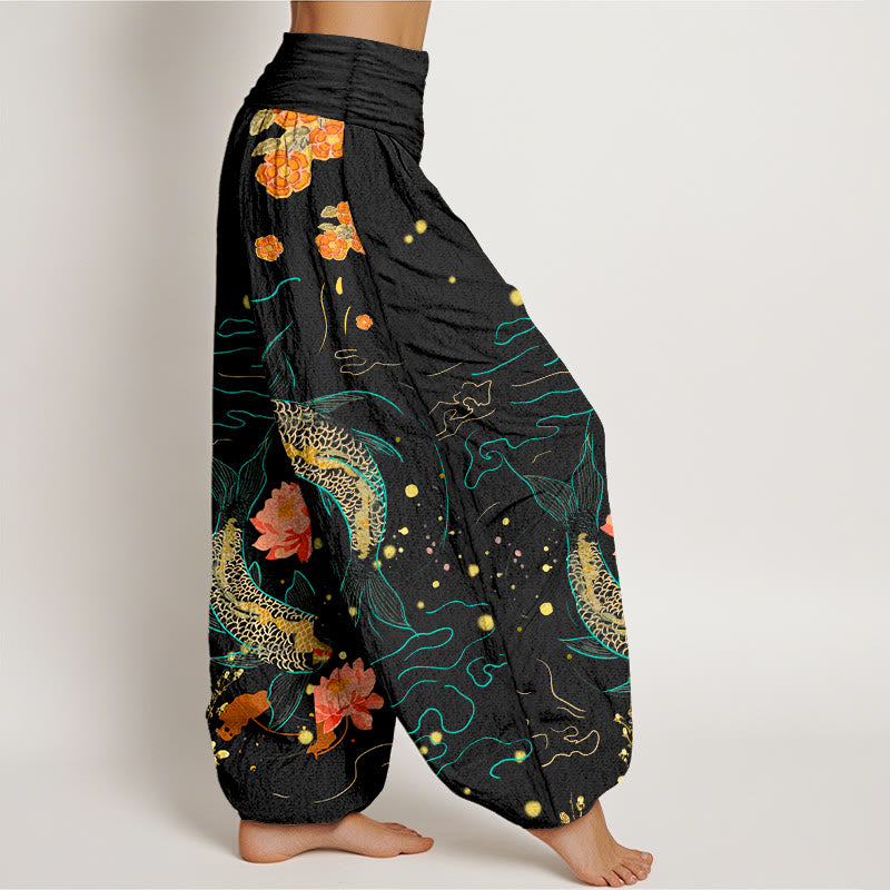 Pantalon sarouel en pur coton imprimé pour femme, taille élastique, motif lotus et poissons koï, Buddha Stones - image 1