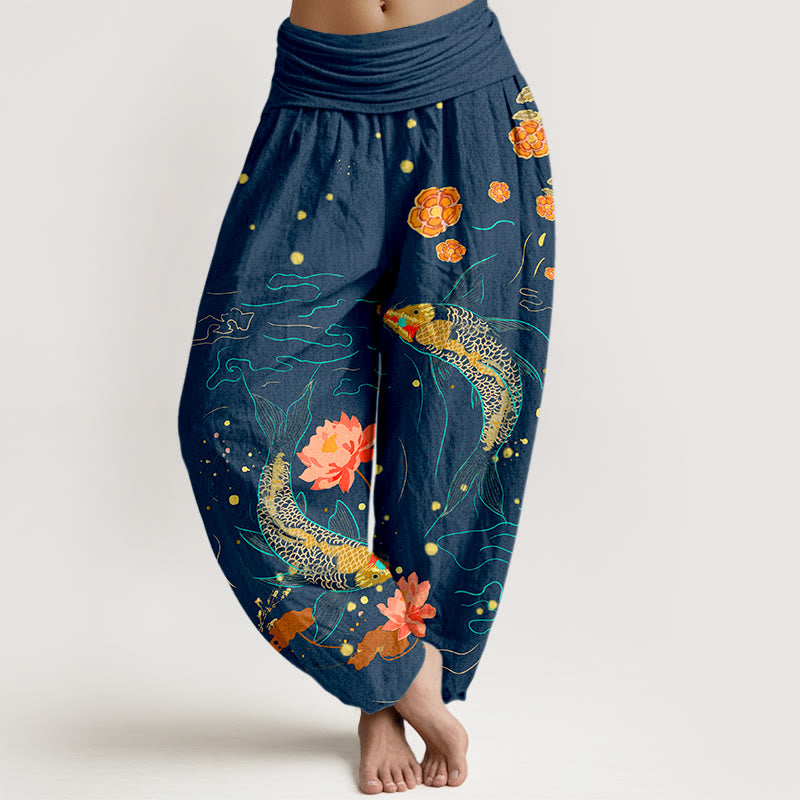 Pantalon sarouel en pur coton imprimé pour femme, taille élastique, motif lotus et poissons koï, Buddha Stones - Bleu foncé - US16，UK/AU20，EU48 (3XL) - image 5