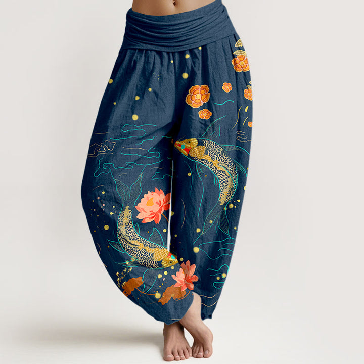 Pantalon sarouel en pur coton imprimé pour femme, taille élastique, motif lotus et poissons koï, Buddha Stones - Bleu foncé - US16，UK/AU20，EU48 (3XL) - image 5