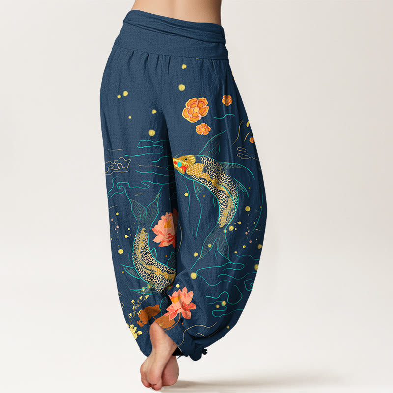 Pantalon sarouel en pur coton imprimé pour femme, taille élastique, motif lotus et poissons koï, Buddha Stones - image 7
