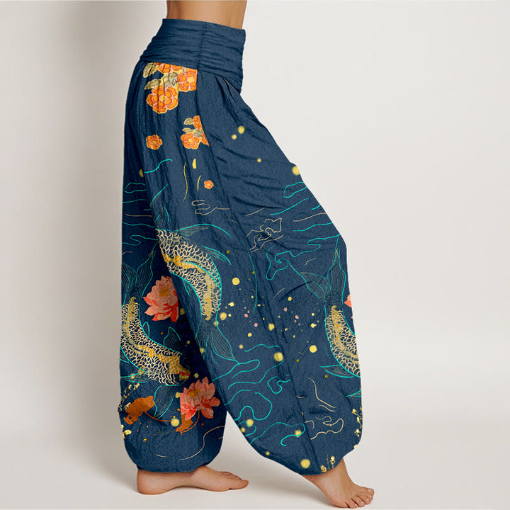 Pantalon sarouel en pur coton imprimé pour femme, taille élastique, motif lotus et poissons koï, Buddha Stones - image 6