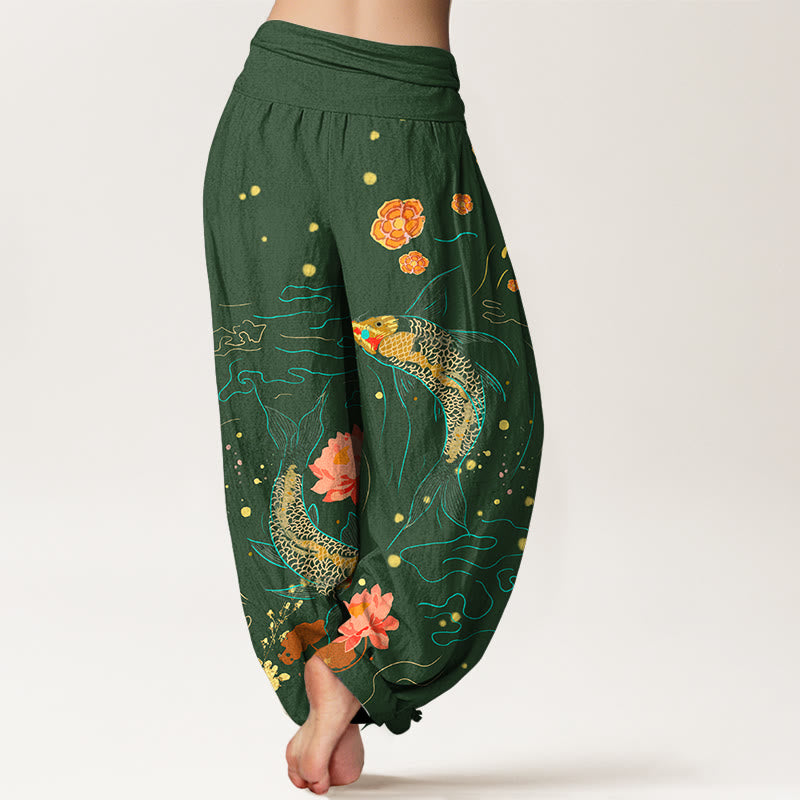 Pantalon sarouel en pur coton imprimé pour femme, taille élastique, motif lotus et poissons koï, Buddha Stones - image 10