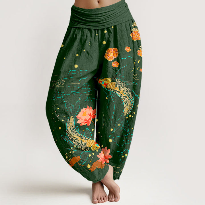 Pantalon sarouel en pur coton imprimé pour femme, taille élastique, motif lotus et poissons koï, Buddha Stones - Vert foncé - US16，UK/AU20，EU48 (3XL) - image 8