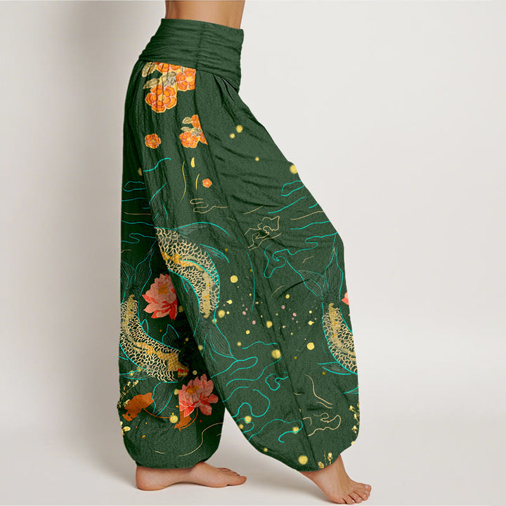 Pantalon sarouel en pur coton imprimé pour femme, taille élastique, motif lotus et poissons koï, Buddha Stones - image 9