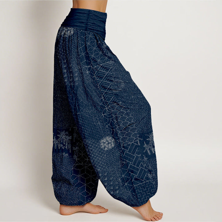 Pantalon sarouel en pur coton imprimé à motif géométrique de Buddha Stones pour femme, taille élastique - image 1