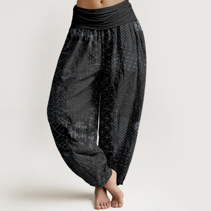 Pantalon sarouel en pur coton imprimé à motif géométrique de Buddha Stones pour femme, taille élastique - Noir - US16，UK/AU20，EU48 (3XL) - image 8