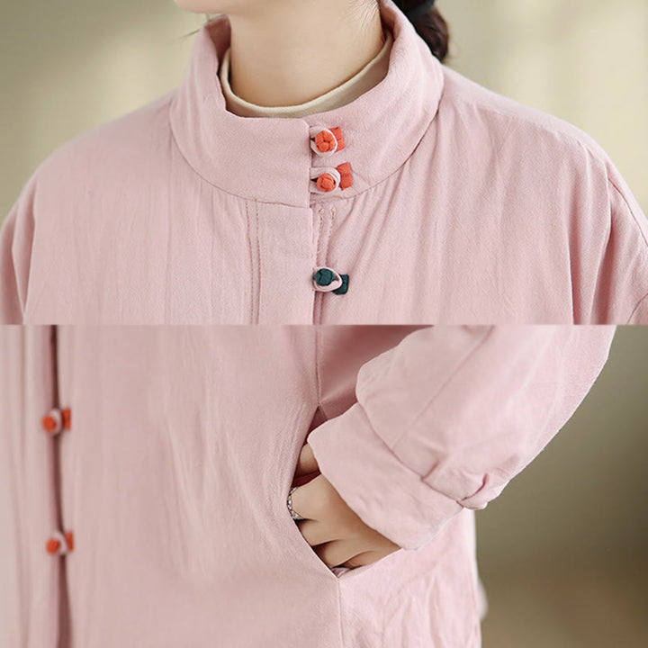 Veste d'hiver en coton épais à manches longues et poches pour femme, style chinois, avec boutons en forme de Buddha Stones - image 6