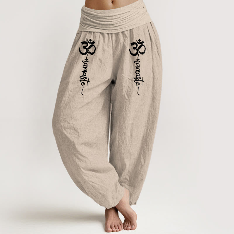 Buddha Stones Pantalon harem pour femme en pur coton à taille élastique et motif Namaste Om - Beige - US16，UK/AU20，EU48 (3XL) - image 14
