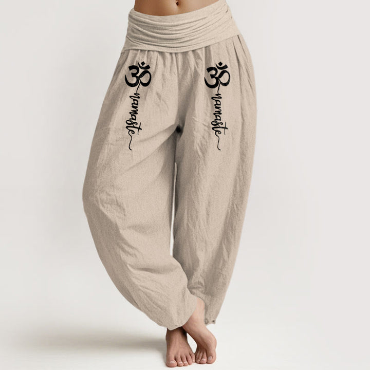 Buddha Stones Pantalon harem pour femme en pur coton à taille élastique et motif Namaste Om - Beige - US16，UK/AU20，EU48 (3XL) - image 14