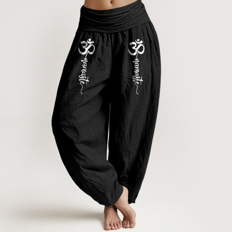 Buddha Stones Pantalon harem pour femme en pur coton à taille élastique et motif Namaste Om - Noir - US16，UK/AU20，EU48 (3XL) - image 5